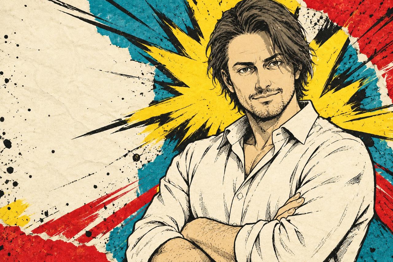 Hand-inked manga-style drawing of Andrey: a man with dark brown shoulder-length hair and a short beard, white shirt, arms crossed, smiling, in front of a yellow comic burst on torn paper.